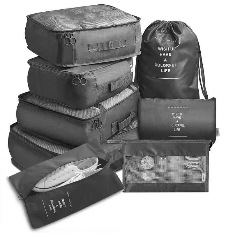 VELORA VoyageSet 7-piece travel packing cubes laid out with a suitcase