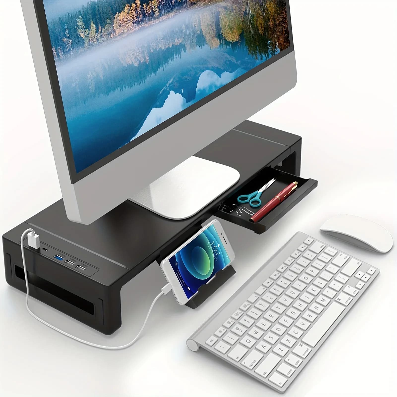 VELORA DeskElevate monitor stand with storage drawer